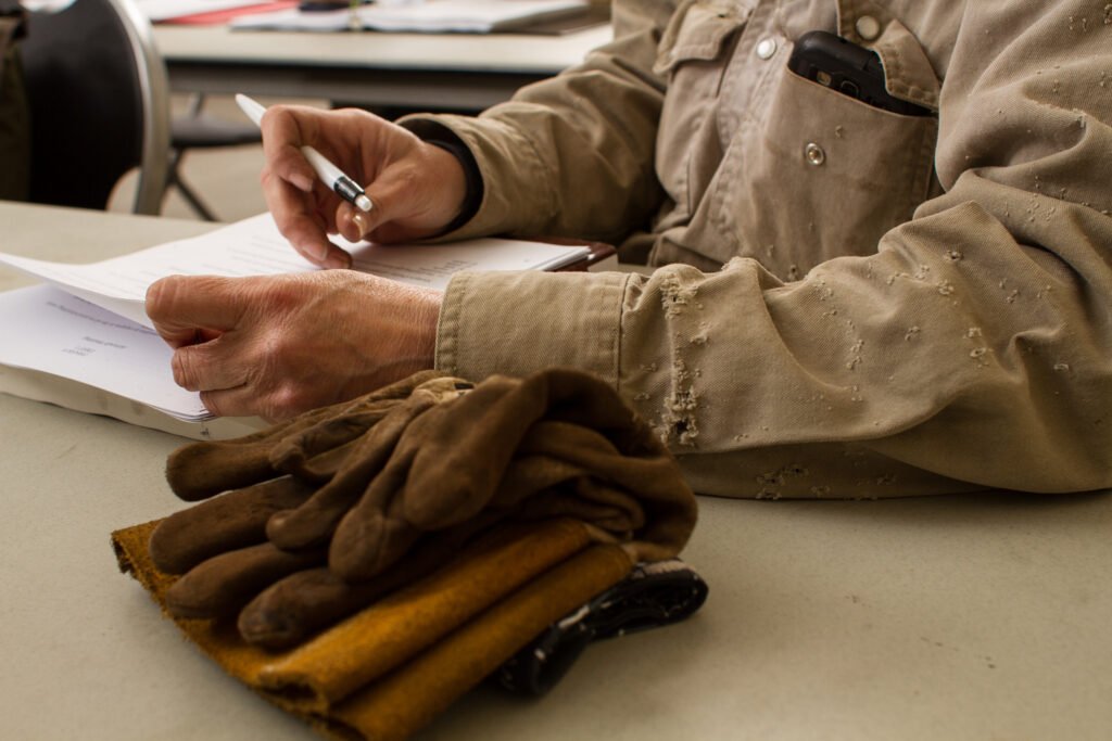 Welding gloves on desk