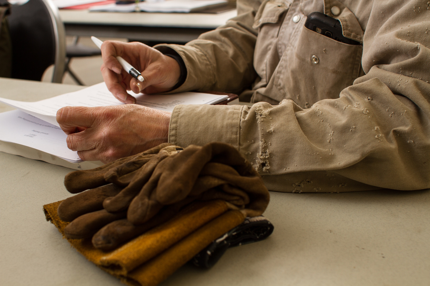 Welding gloves on desk